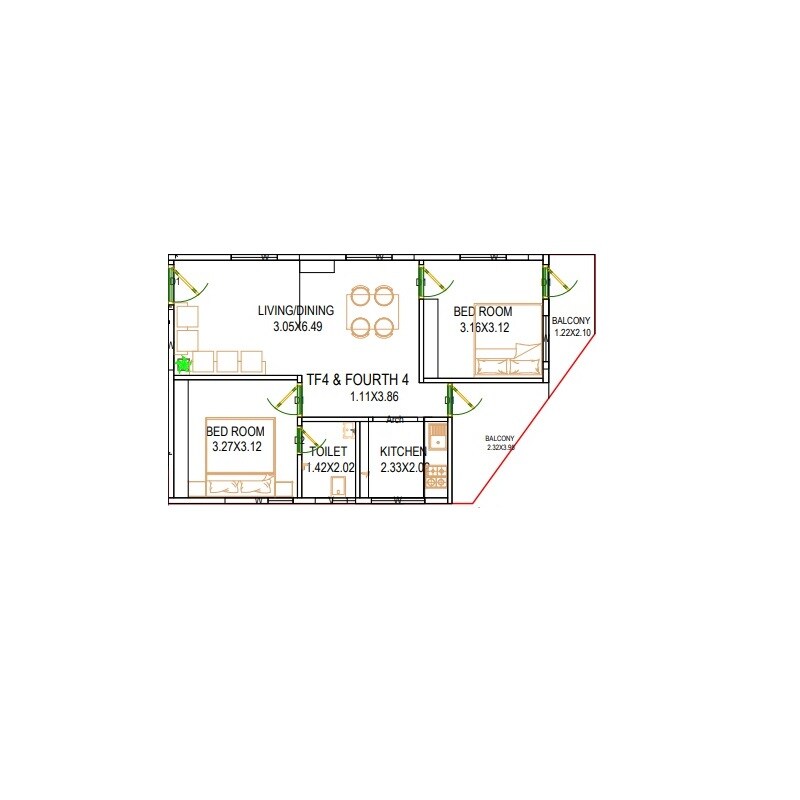 Floor plan of 2 BHK 723 Sq. Ft. Apartment in SSV Kasi Residency, Vizag