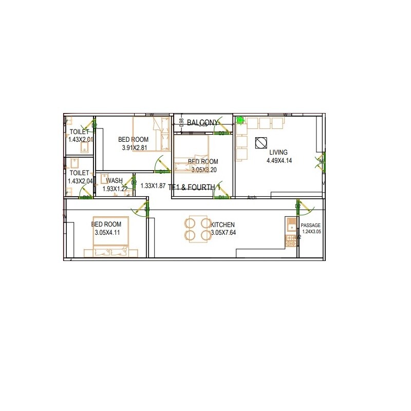 Floor plan of 3 BHK 1058 Sq. Ft. Apartment in SSV Kasi Residency, Vizag