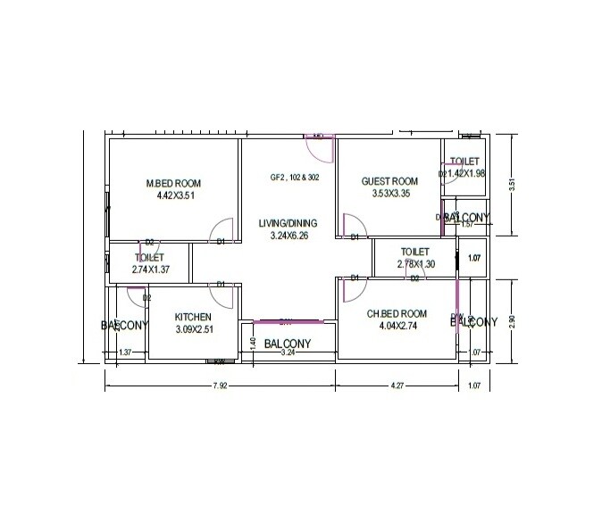 Floor plan of 3 BHK Apartment - 905 sq. ft. in Suniti Sea Crest, Vizag
