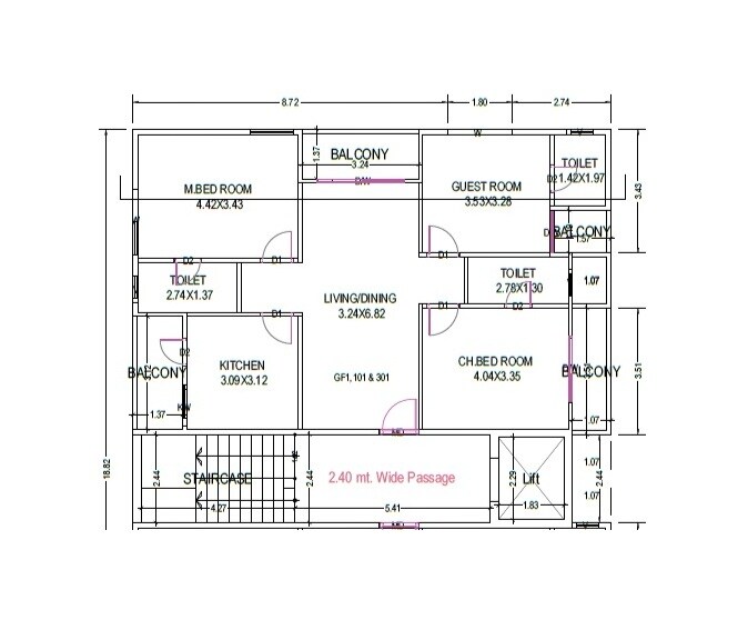 Floor plan of 3 BHK Apartment - 966 sq. ft. in Suniti Sea Crest, Vizag
