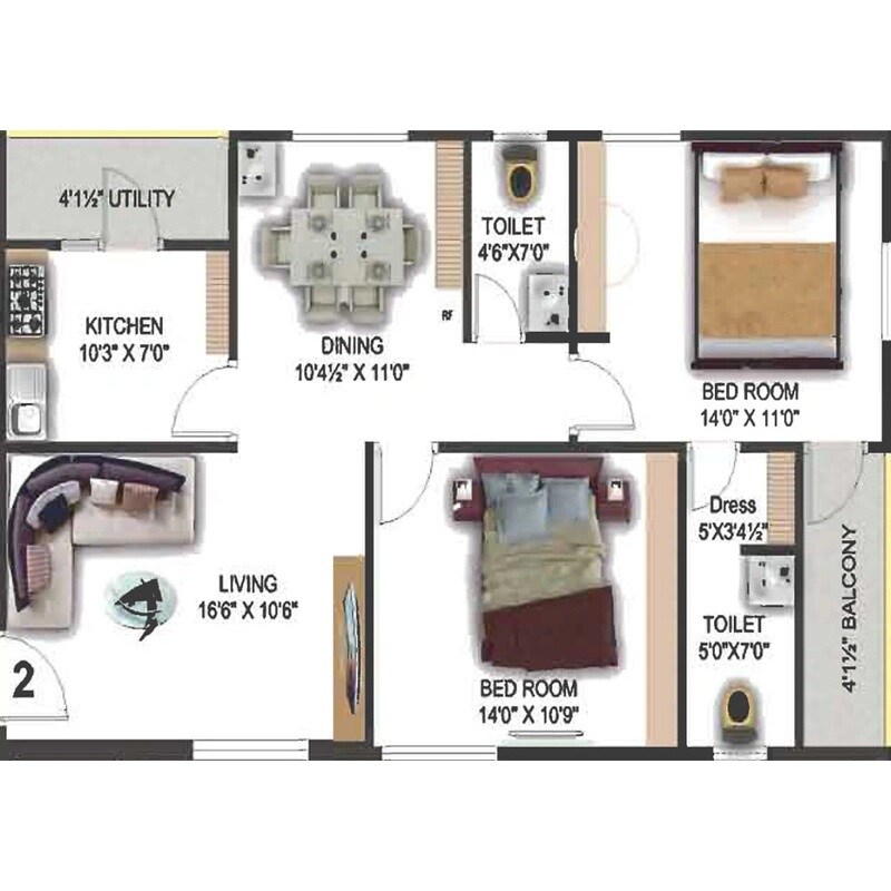 2 BHK 1200 Sq. Ft. Apartment