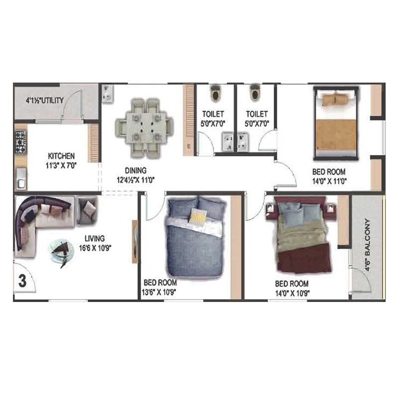Floor plan of 3 BHK 1450 Sq. Ft. Apartment in Surya Sunrise City, Vizag