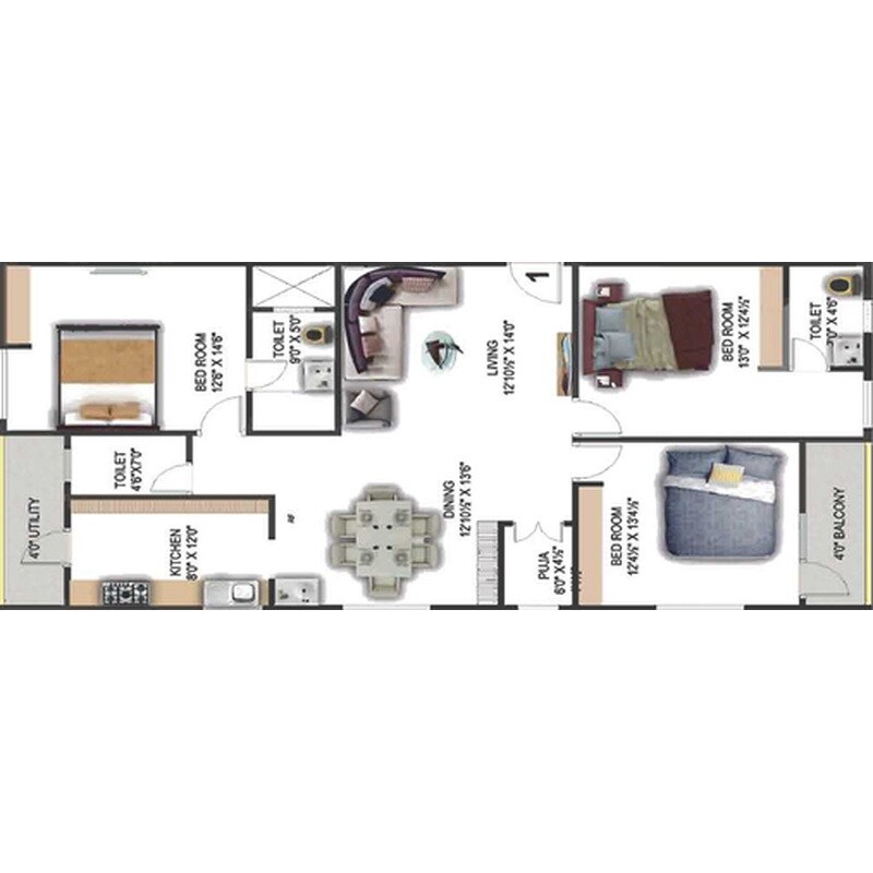 Floor plan of 3 BHK 1770 Sq. Ft. Apartment in Surya Sunrise City, Vizag