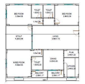 Floor plan of 3 BHK 1953 Sq. Ft. Apartment in SVS Vishnu Navadeep Castle, Vizag