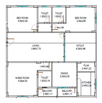 Floor plan of 3 BHK 1980 Sq. Ft. Apartment in SVS Vishnu Navadeep Castle, Vizag