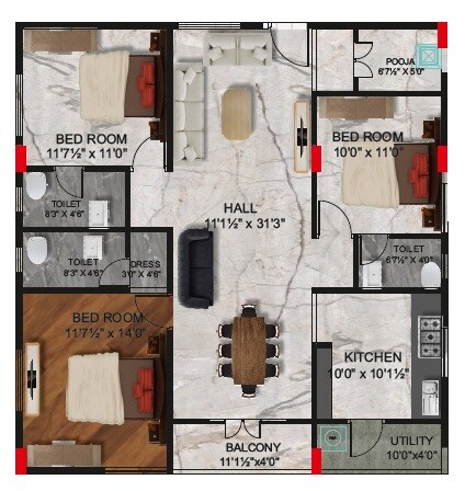 Floor plan of 3 BHK 1560 Sq. Ft. Apartment in Teetlas KP Paradise, Vizag