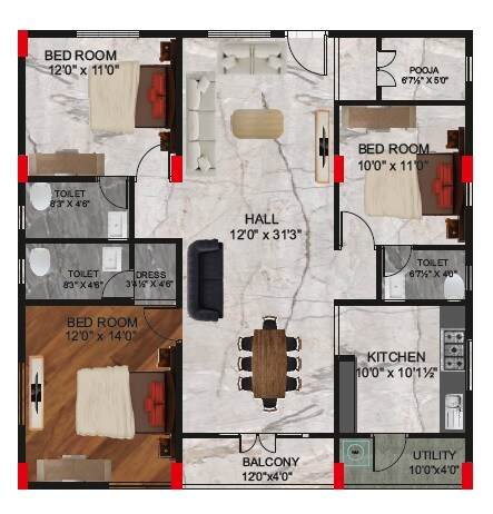 Floor plan of 3 BHK 1615 Sq. Ft. Apartment in Teetlas KP Paradise, Vizag