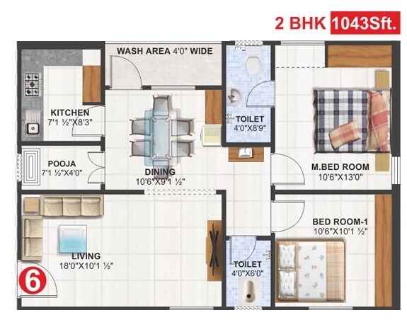 Floor plan of 2 BHK 1043 Sq. Ft. Apartment in Utkarsha Abodes, Vizag
