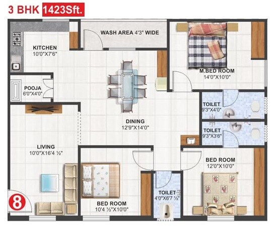 Floor plan of 3 BHK 1423 Sq. Ft. Apartment in Utkarsha Abodes, Vizag