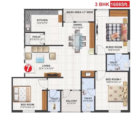 Floor plan of 3 BHK 1608 Sq. Ft. Apartment in Utkarsha Abodes, Vizag