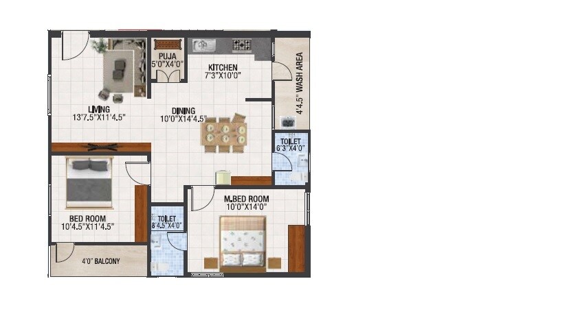 Floor plan of 2 BHK 1151 Sq. Ft. Apartment in Utkarsha Emerald, Vizag