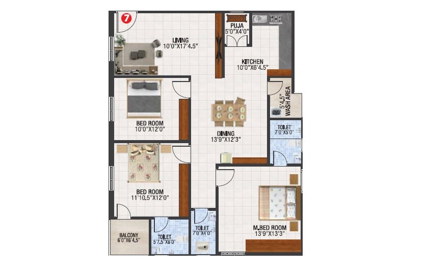 Floor plan of 3 BHK 1508 Sq. Ft. Apartment in Utkarsha Emerald, Vizag