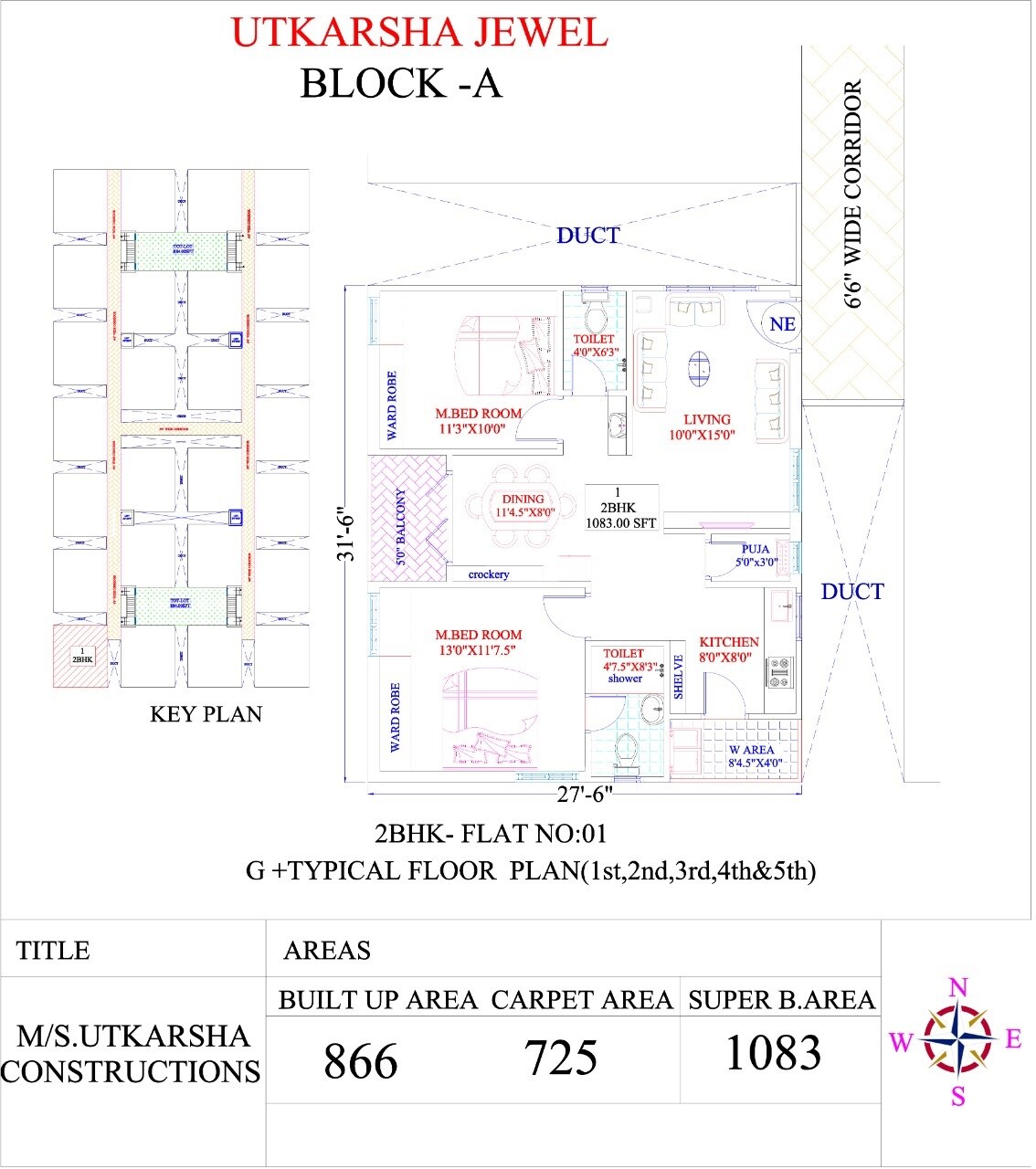 Floor plan of 2 BHK 1083 Sq. Ft. Apartment in Utkarsha Jewel, Vizag