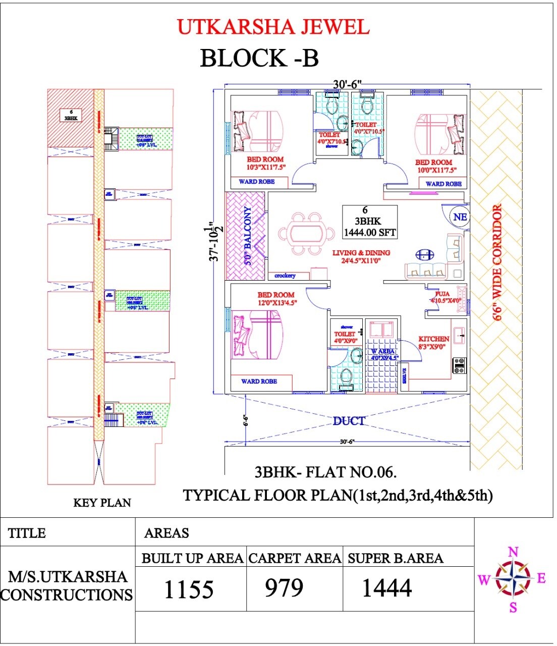 Floor plan of 3 BHK 1444 Sq. Ft. Apartment in Utkarsha Jewel, Vizag