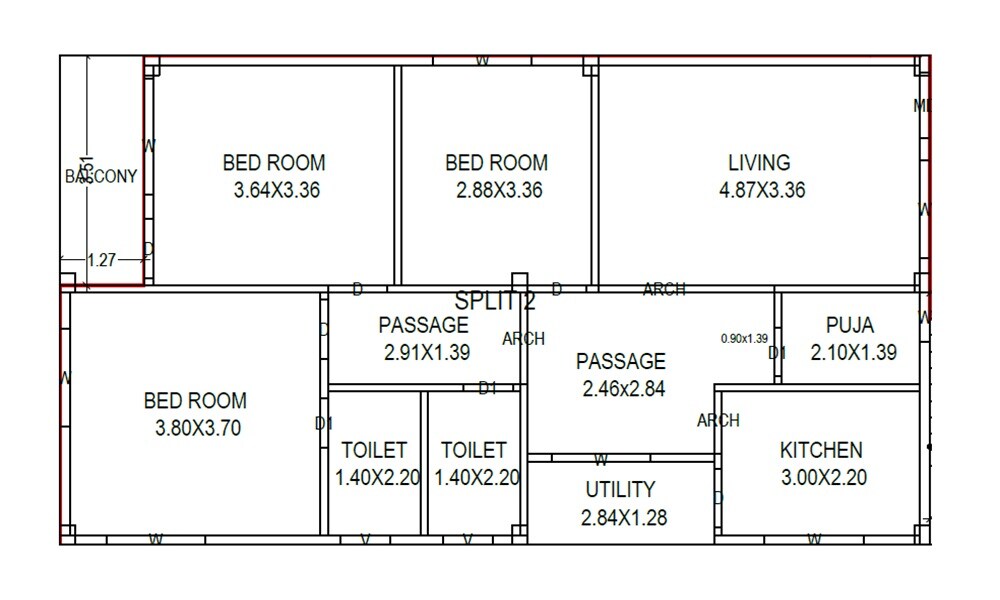 Floor plan of 3 BHK 1109 Sq. Ft. Apartment in V5 Heights, Vizag