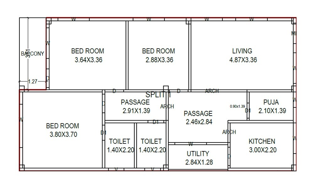Floor plan of 3 BHK 1458 Sq. Ft. Apartment in V5 Heights, Vizag