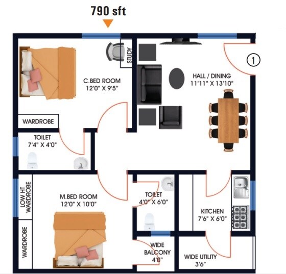 Floor plan of 2 BHK 790 Sq. Ft. Apartment in Vaibhav Aavaas, Vizag