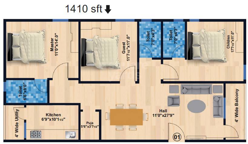 Floor plan of 3 BHK 1410 Sq. Ft. Apartment in Vaibhav Nirmalas Paradise, Vizag