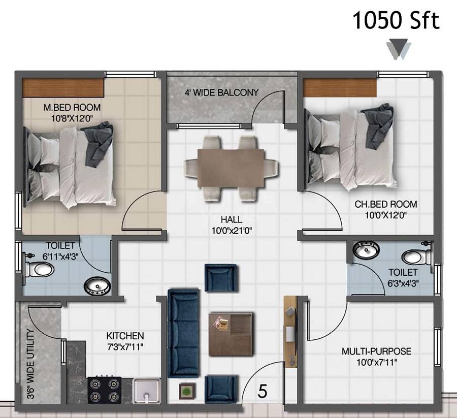Floor plan of 2 BHK 1050 Sq. Ft. Apartment in Vaibhav Sai Prasanna Enclave, Vizag