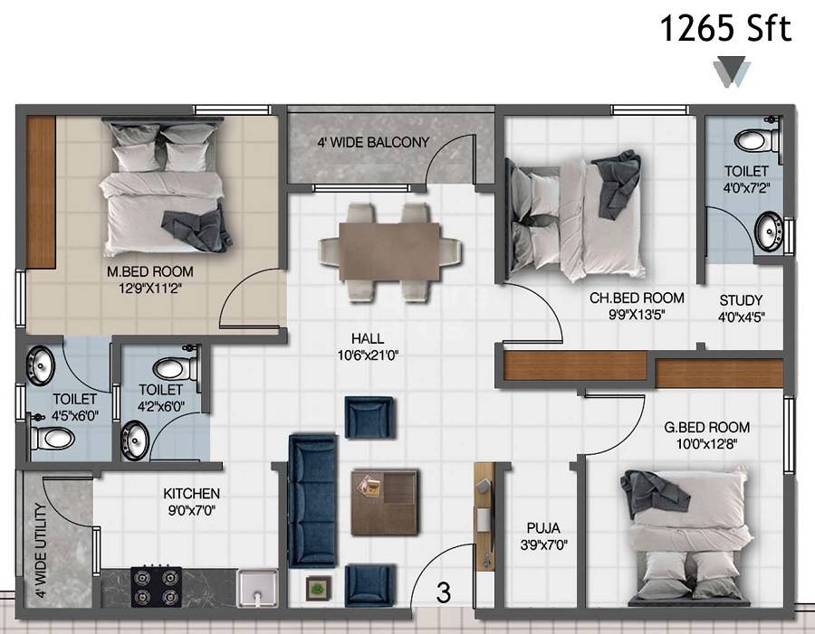 Floor plan of 3 BHK 1265 Sq. Ft. Apartment in Vaibhav Sai Prasanna Enclave, Vizag
