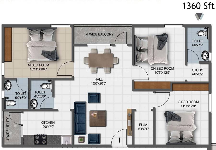 Floor plan of 3 BHK 1360 Sq. Ft. Apartment in Vaibhav Sai Prasanna Enclave, Vizag