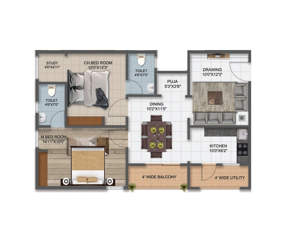 Floor plan of 2 BHK Apartment - 732 sq. ft. in Vaibhav Sree Majestic, Vizag