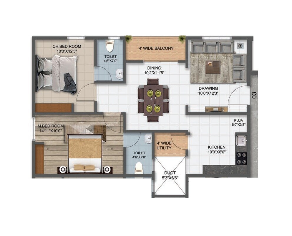 Floor plan of 2 BHK Apartment - 746 sq. ft. in Vaibhav Sree Majestic, Vizag