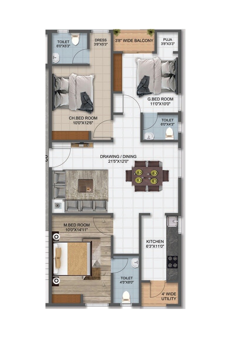 Floor plan of 3 BHK Apartment - 939 sq. ft. in Vaibhav Sree Majestic, Vizag