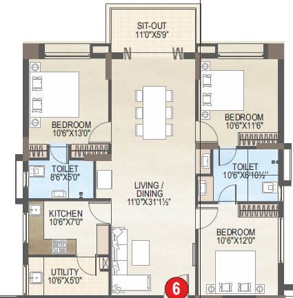 Floor plan of 3 BHK 1497 Sq. Ft. Apartment in Vaisakhi Skypark, Vizag