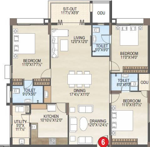 Floor plan of 3 BHK 2073 Sq. Ft. Apartment in Vaisakhi Skypark, Vizag