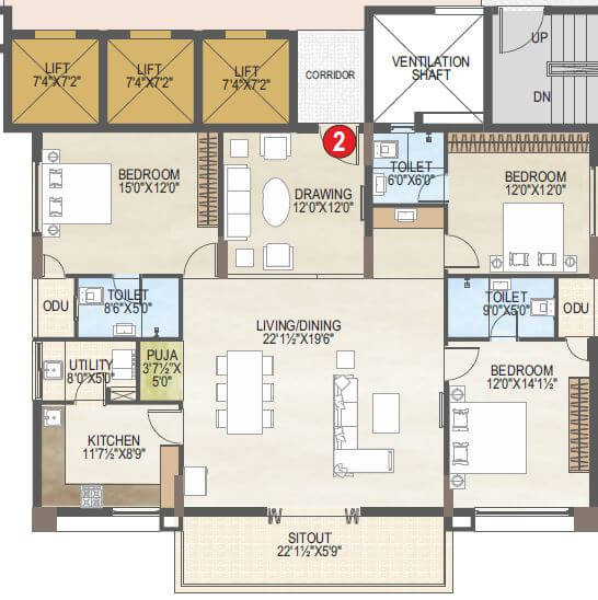 Floor plan of 3 BHK 2195 Sq. Ft. Apartment in Vaisakhi Skypark, Vizag