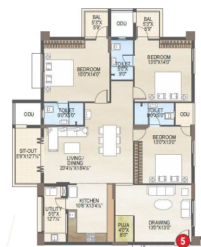 Floor plan of 3 BHK 2410 Sq. Ft. Apartment in Vaisakhi Skypark, Vizag