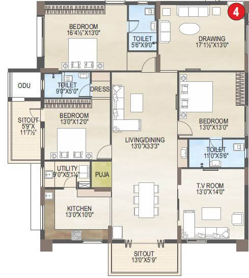 Floor plan of 3 BHK 2752 Sq. Ft. Apartment in Vaisakhi Skypark, Vizag