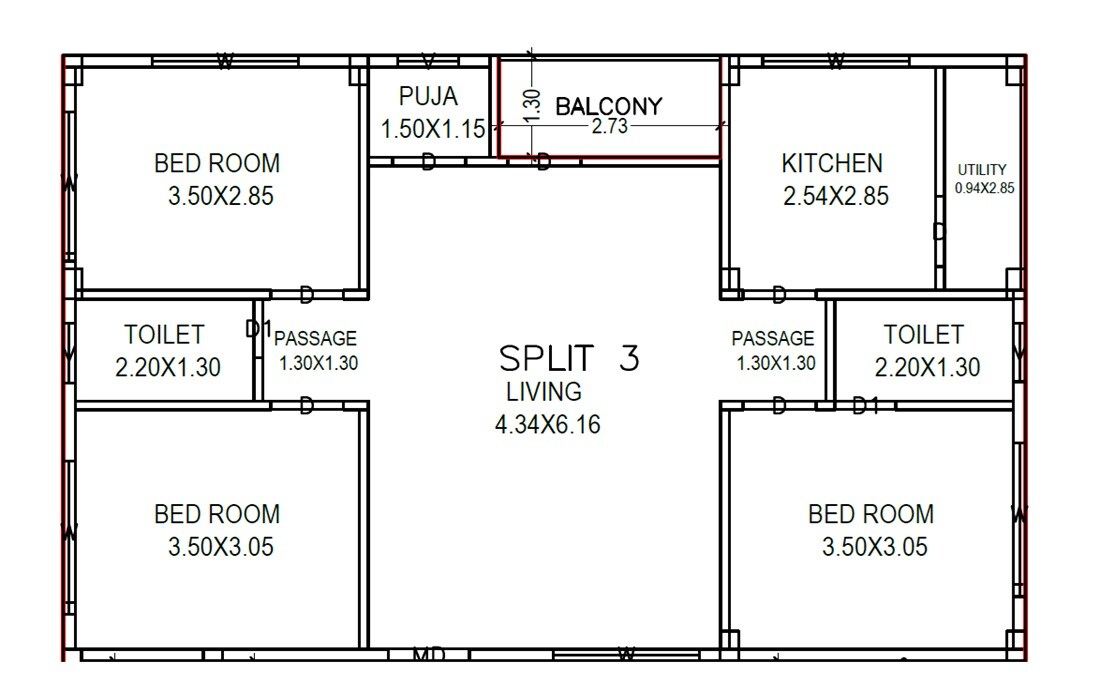 Floor plan of 3 BHK 1325 Sq. Ft. Apartment in Vaishno Heights, Vizag
