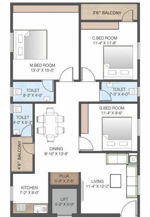 Floor plan of 3 BHK 1600 Sq. Ft. Apartment in Vajra Castle, Vizag