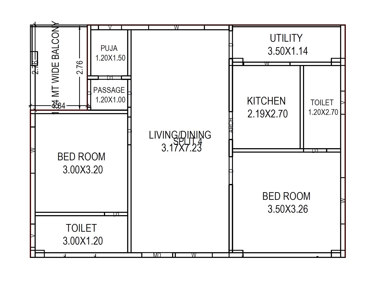 Floor plan of 2 BHK 1100 Sq. Ft. Apartment in Varaha Sai Nandan Nivas, Vizag