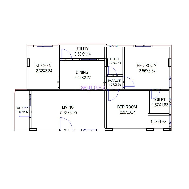 Floor plan of 2 BHK 1160 Sq. Ft. Apartment in Vasundhara Hemalatha Heights, Vizag