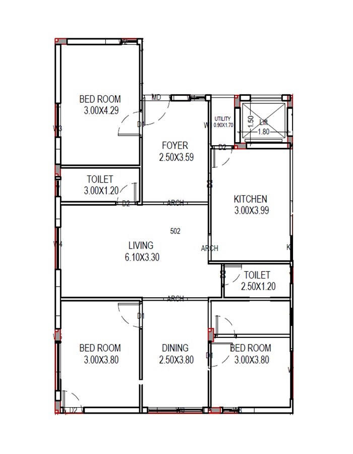 Floor plan of 3 BHK 1761 Sq. Ft. Apartment in Vedanta Heights, Vizag
