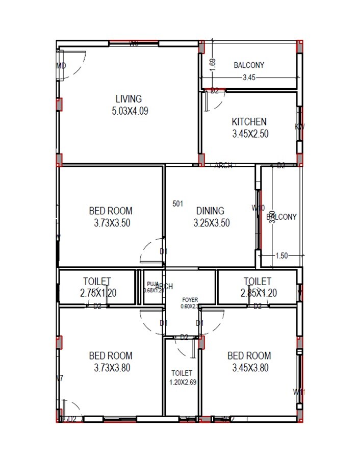 Floor plan of 3 BHK 1800 Sq. Ft. Apartment in Vedanta Heights, Vizag