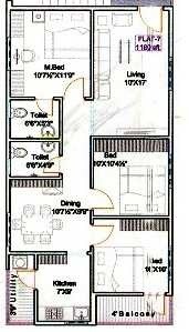 Floor plan of 3 BHK 1645 Sq. Ft. Apartment in Vensa Classic, Vizag