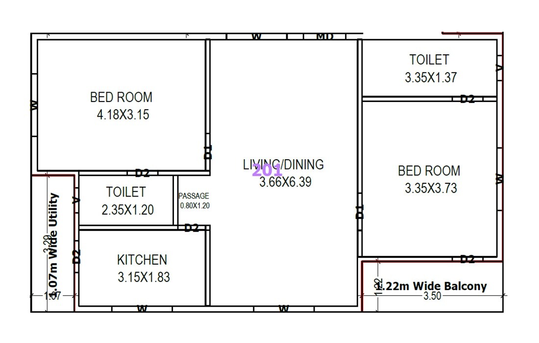 Floor plan of 2 BHK 707 Sq. Ft. Apartment in Victory Vishnu Sai Nivas, Vizag