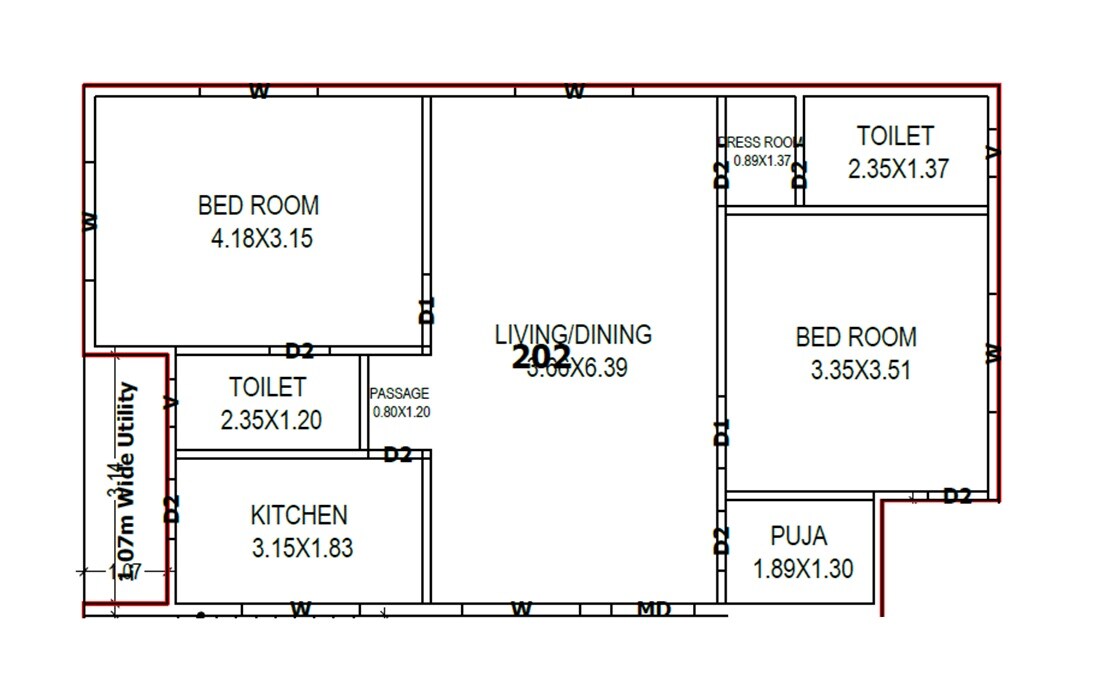 Floor plan of 2 BHK 776 Sq. Ft. Apartment in Victory Vishnu Sai Nivas, Vizag