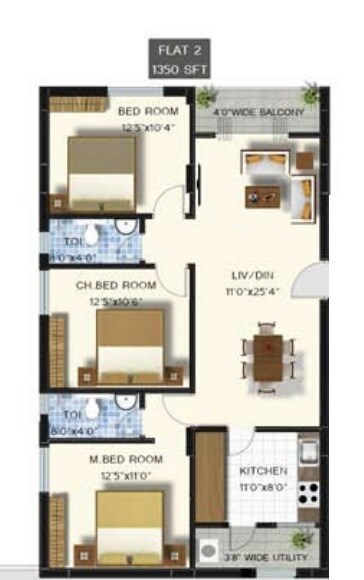 Floor plan of 3 BHK 1350 Sq. Ft. Apartment in Vinayagar Annamraju, Vizag