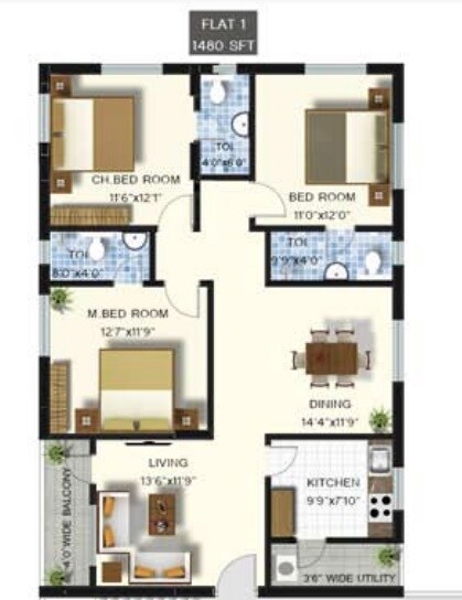 Floor plan of 3 BHK 1480 Sq. Ft. Apartment in Vinayagar Annamraju, Vizag