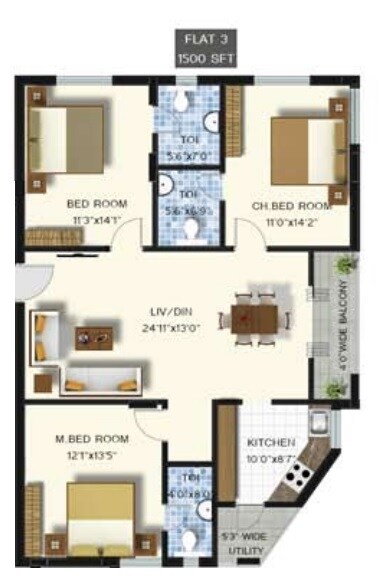 Floor plan of 3 BHK 1500 Sq. Ft. Apartment in Vinayagar Annamraju, Vizag