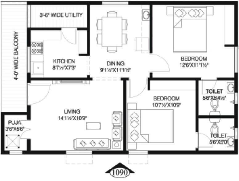 Floor plan of 2 BHK 1090 Sq. Ft. Apartment in Vineet Infinity Towers, Vizag