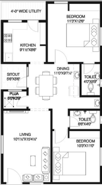 Floor plan of 2 BHK 1110 Sq. Ft. Apartment in Vineet Infinity Towers, Vizag