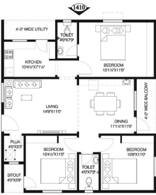 Floor plan of 3 BHK 1410 Sq. Ft. Apartment in Vineet Infinity Towers, Vizag