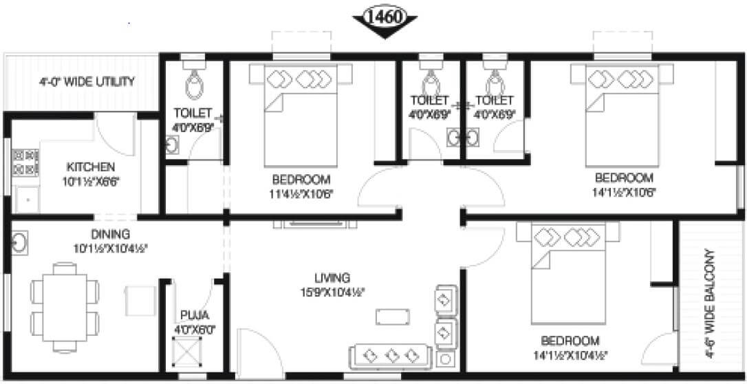 Floor plan of 3 BHK 1460 Sq. Ft. Apartment in Vineet Infinity Towers, Vizag