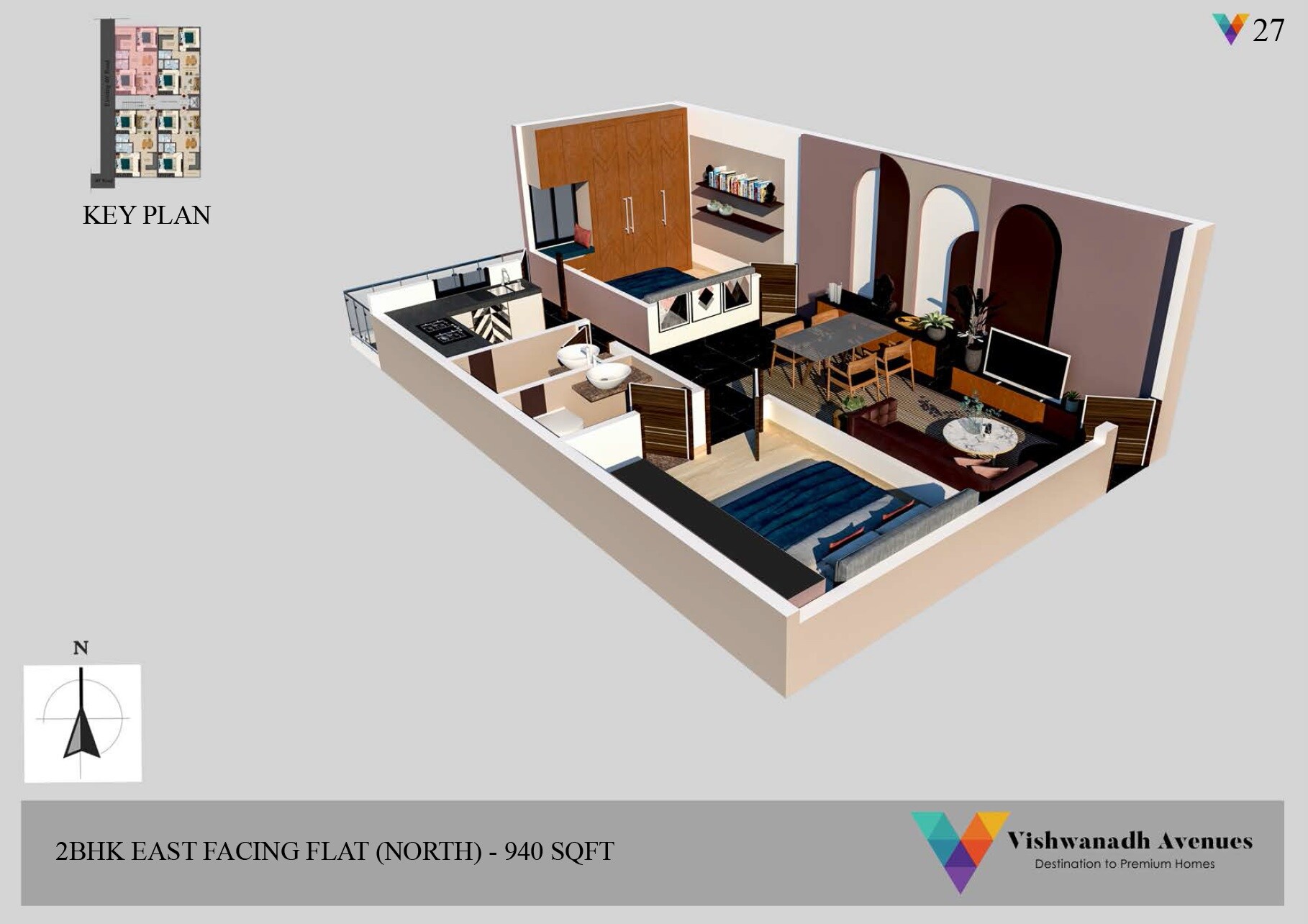 Floor plan of 2 BHK 940 Sq. Ft. Apartment in Vishwanadh Avenues 27, Vizag
